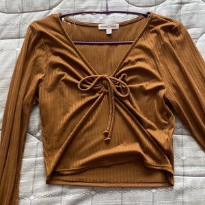 NEW Women's Ribbed Long Sleeves Key Hole Tie Front Top